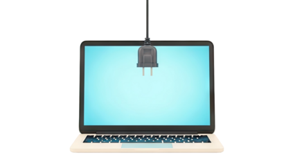 Laptop with power plug hanging above screen