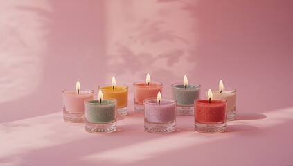 Brightly colored candle holders made of glass placed on a pink backdrop for holiday or birthday decor, highlighting festive ambiance