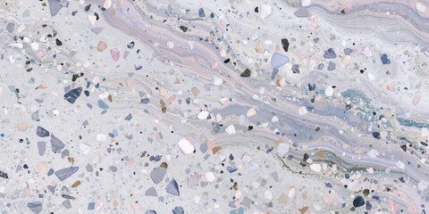 Marble terrazzo surface displaying granite and quartz fragments designed for print and textile backgrounds