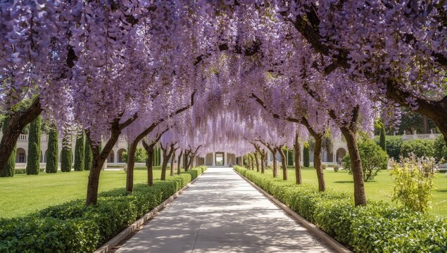 Wisteria-covered pathway in Achilleion Palace Garden on Corfu island, Greece, designed for landscape maintenance