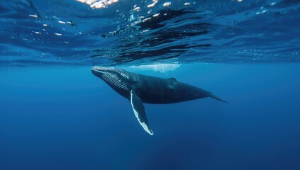 Fototapeta premium Humpback whale surfacing in open sea, natural migration behavior, World Ocean Day