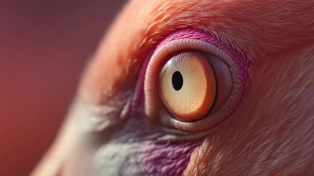 Flamingo eye close-up shows the striking contrast between pink feathers and a bright yellow iris.