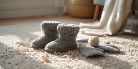 Fluffy woolen footwear and accessories such as socks and mittens, emphasizing insulation during cold weather, seasonal change