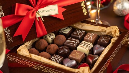 Box of assorted chocolates with ribbon