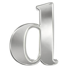 Lowercase letter d in shiny chrome metallic font standing against a deep black background for design.