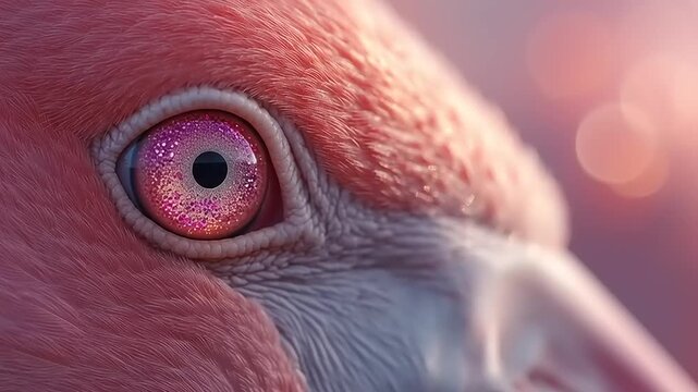 Flamingo eye features intricate patterns and vibrant pink plumage textures captured in a soft-focus environment with warm ambient lighting.
