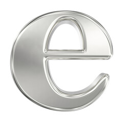 Shiny metallic 3D rendered lowercase letter e or mathematical constant symbol isolated on a black background.