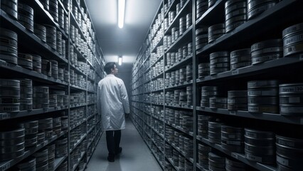 Scientist in Archive of Research Samples Laboratory Storage Containers. Concept featuring scientist, research, laboratory, archive, storage.