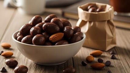 Chocolate covered almonds on table