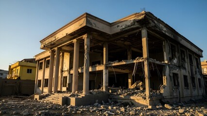 Abandoned two-story building with collapsed sections and rubble on the ground under clear sky abandoned building