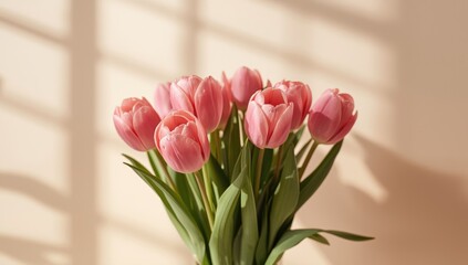 Pink tulip flowers in a detailed close-up on a neutral backdrop, suitable for botanical poster backgrounds