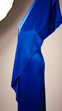 Hand holds blue fabric showing draping method in four steps. Displayed in minimal studio light with neutral backdrop. Concept of fashion design, textile art, creative sewing