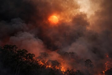 Fototapeta premium Glowing sun faintly seen behind thick smoke from catastrophic bushfires
