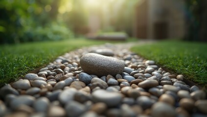 River pebble stone pattern functioning as garden backdrop for outdoor aesthetics, textured surface