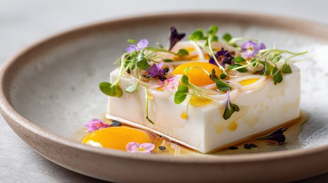 Fermented Egg modern minimalist tofu dish with century egg slices Asian food culture and umami balance
