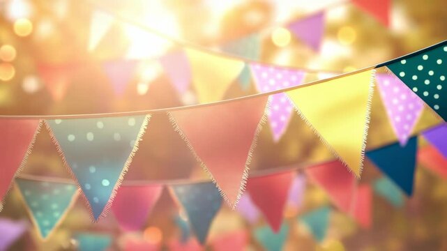 Colorful party bunting flags decorating an outdoor celebration against a background of soft bokeh