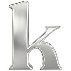 Luxury metallic lowercase letter K in polished chrome silver isolated on a pure black background.