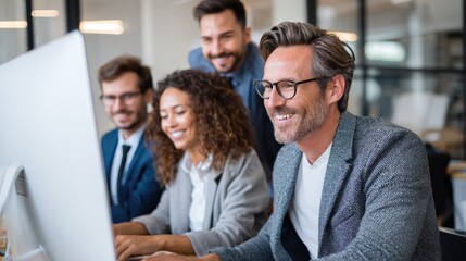 Diverse team of professionals collaborating in modern office setting
