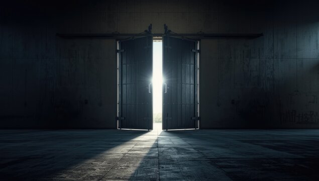 Large steel doors of a hanger-like structure swinging open with sunlight pouring in, focusing on industrial access and safety