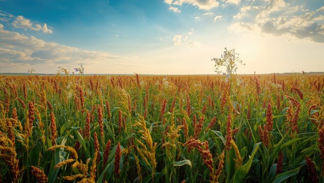 Sorghum plantation with mature red and green stalks in the cerrado, used for landscape planning and crop management