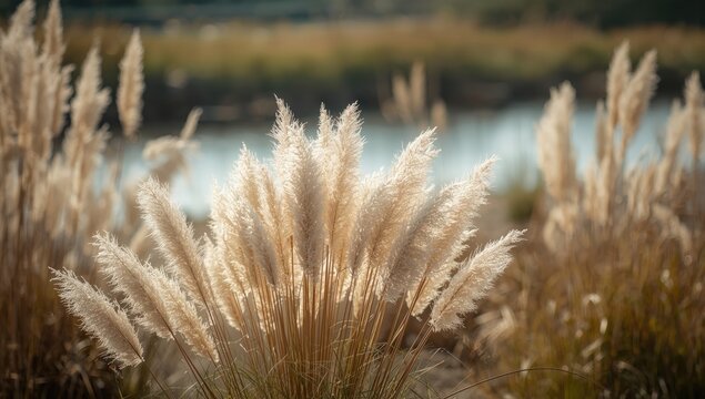Pampas grass arranged outdoors with light pastel tones serving as a botanical background,