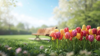 Fototapeta premium Vivid tulips in full bloom in a garden, used as a spring floral backdrop