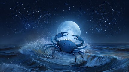 Digital art featuring a blue crab rising from ocean waves under a full moon and starry sky