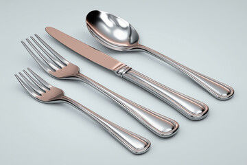 Stainless steel cutlery set with fork knife and spoon tableware in anime japanese style isolated on white background