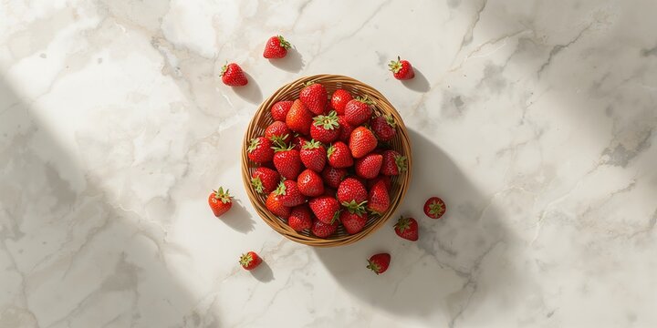 Juicy strawberries arranged in a basket and spread on a marble surface, ideal for editorial header backgrounds