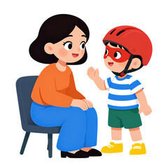 Fototapeta premium Young boy in helmet talking to seated woman