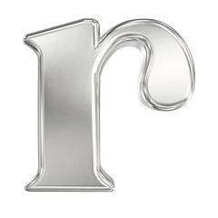 Shiny silver metallic lowercase letter r isolated on a solid black background, elegant 3D rendering