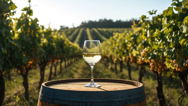A goblet of Vermentino wine positioned over a wine barrel among vineyard rows, highlighting wine craftsmanship, Earth Day