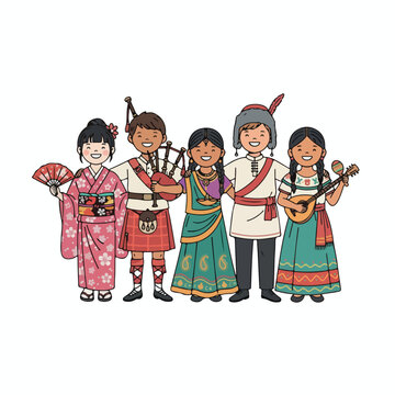 Diverse children in traditional folk costumes holding hands, multicultural friendship vector illustration isolated on white