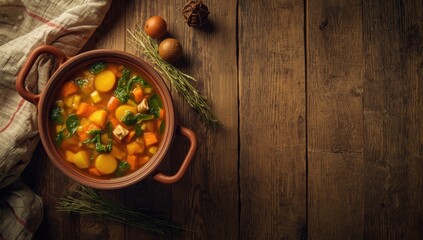 Colorful vegetable broth served in a traditional clay pot, highlighting plant-based meal preparation