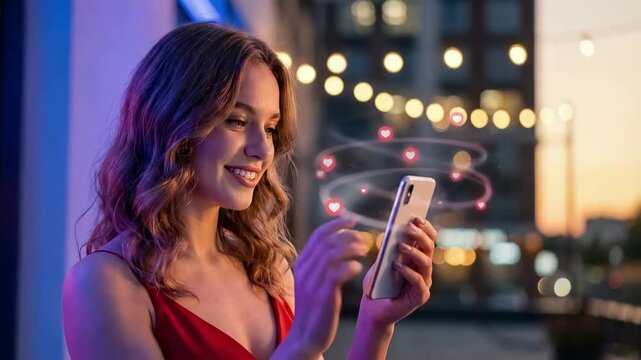 Woman smiling while scrolling smartphone as animated love icons orbit her phone before answering incoming call representing long distance relationship virtual love online, valentines day romance