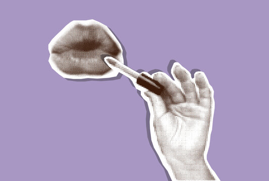 Lips and Lipstick Cut out Sticker Elements Set. Modern Retro Halftone Beauty Makeup concept
