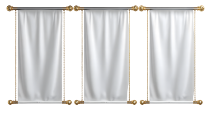 Three White Curtains on Gold Rods isolated on a transparent background