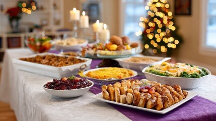 A festive table is filled with various dishes, desserts, and candles, creating a warm and inviting atmosphere for a holiday gathering.