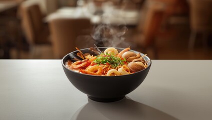 Seafood jjamppong, a popular Chinese dish, featuring vibrant mixed seafood and vegetable ingredients