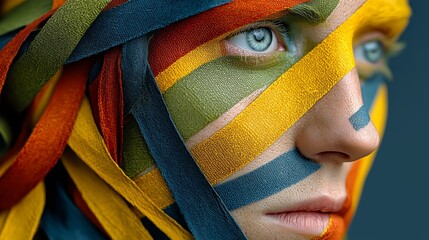 Obraz premium A woman with a creative and colorful makeup look featuring ribbons wrapped around her face