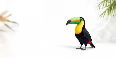 Naklejka premium Childrens illustration of a cheerful black toucan with vibrant beak and belly, suitable for educational materials, World Bird Day