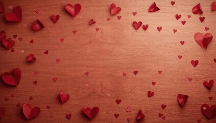 Valentines Day themed backdrop featuring heart motifs on textured wood, suitable for greeting cards