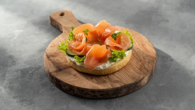 Smoked salmon and cream cheese bagel with cucumber and salad, served on a rustic wooden platter, for breakfast or brunch