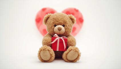 Obraz premium Cute teddy bear presenting a gift to a girl friend against a white backdrop, Valentine's Day symbol