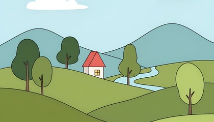 Nature Landscape Illustration with House, Trees and mountains