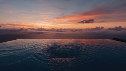 Fototapeta premium Sunset glow over a rooftop infinity pool, scenic views and tranquil atmosphere