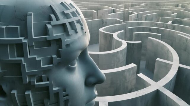 A surreal image of a human head and a maze, symbolizing the complexity of human nature and the intricate depths of the subconscious
