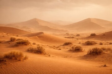 Fototapeta premium Serene desert environment with hazy orange dunes and overcast skies