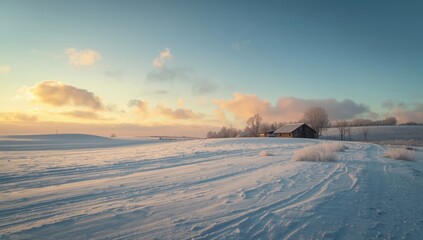 Sunrise illuminating snow-covered landscape, highlighting winter weather conditions