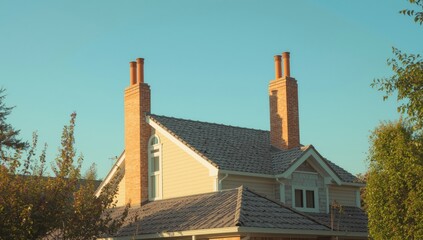 Fototapeta premium Painted brick chimneys of a residential house, emphasizing weathered exterior for preservation focus